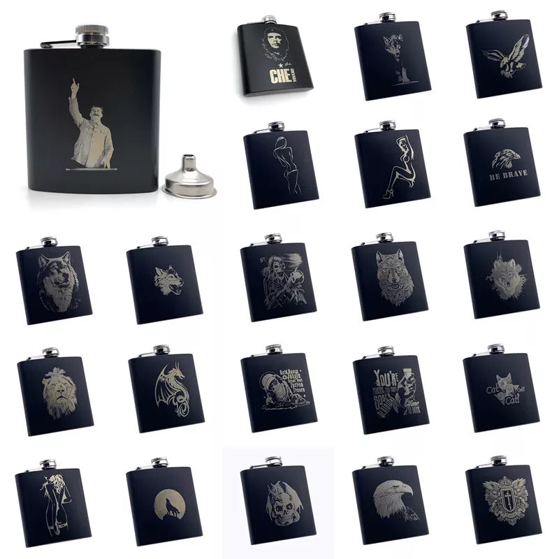 B110 Black Hip Flask 6 Oz Stainless Steel Laser Engraved Hip Flask with Funnel