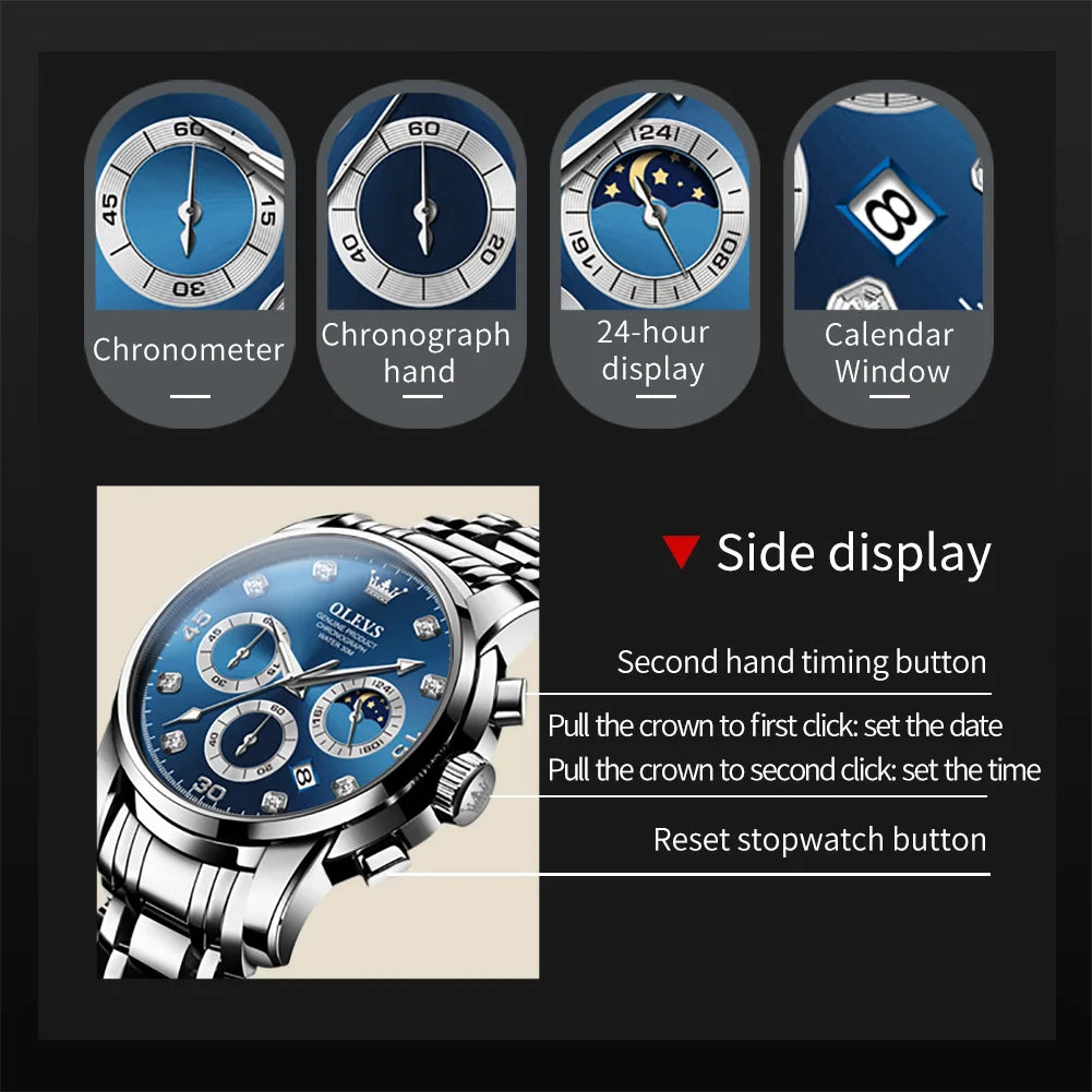 Original OLEVS Quartz Watch for Men Chronograph Luminous Waterpoof Stainless Steel Classic Business Male Wristwatch 2889