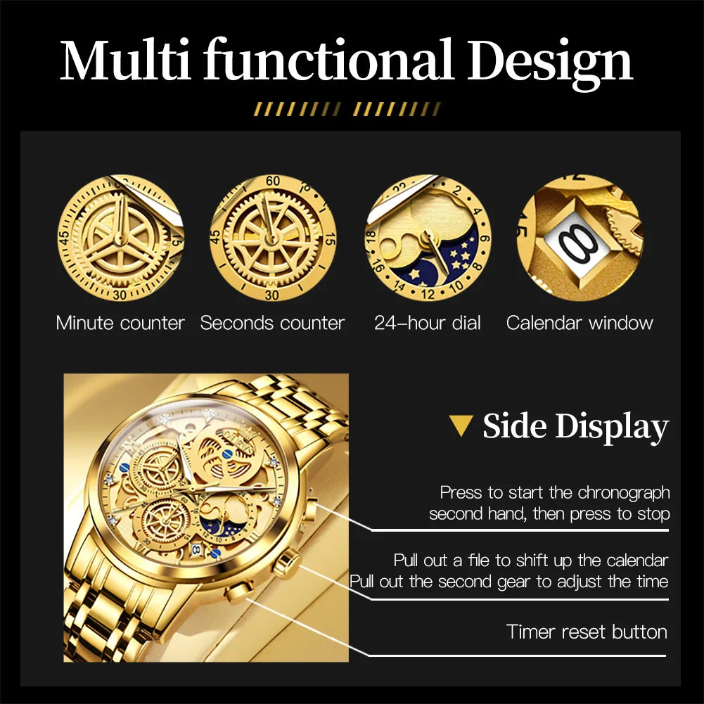 OLEVS Men's Waterproof Gold Skeleton Style Quartz Watch 24 Hour Time
