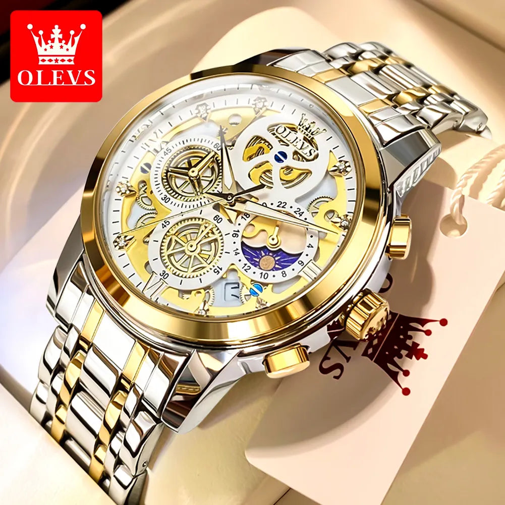 OLEVS Men's Waterproof Gold Skeleton Style Quartz Watch 24 Hour Time