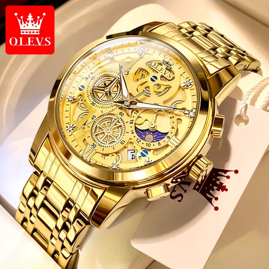 OLEVS Men's Waterproof Gold Skeleton Style Quartz Watch 24 Hour Time