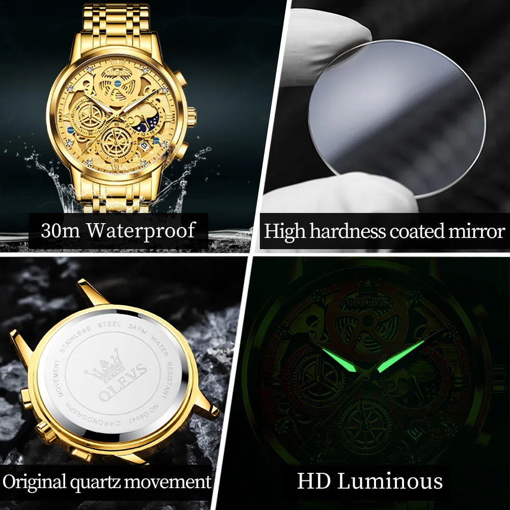 OLEVS Men's Waterproof Gold Skeleton Style Quartz Watch 24 Hour Time