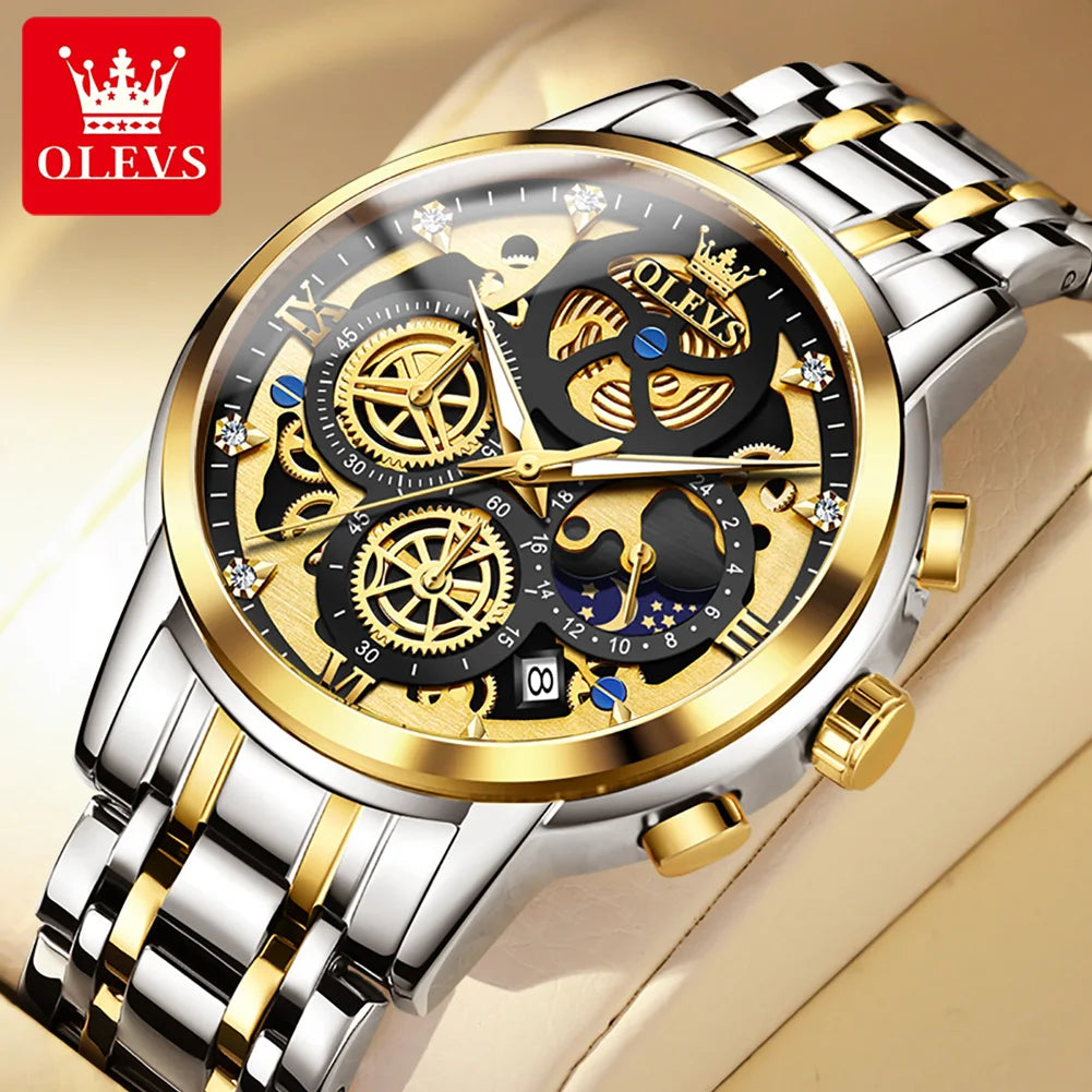 OLEVS Men's Waterproof Gold Skeleton Style Quartz Watch 24 Hour Time