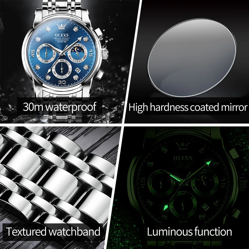 Original OLEVS Quartz Watch for Men Chronograph Luminous Waterpoof Stainless Steel Classic Business Male Wristwatch 2889